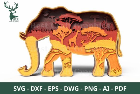 3D Layered Elephant SVG Safari Scene for Laser Cutting Wall Decor
