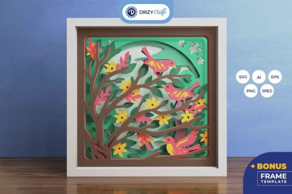 Birds on Soft Color Tree 3D SVG for Shadow Box Projects