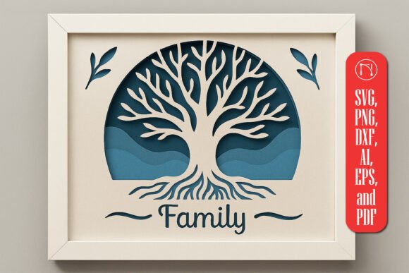 Family Tree with Leaves Outline Shadow Box SVG: A 3D Design Asset for Heartfelt Branding