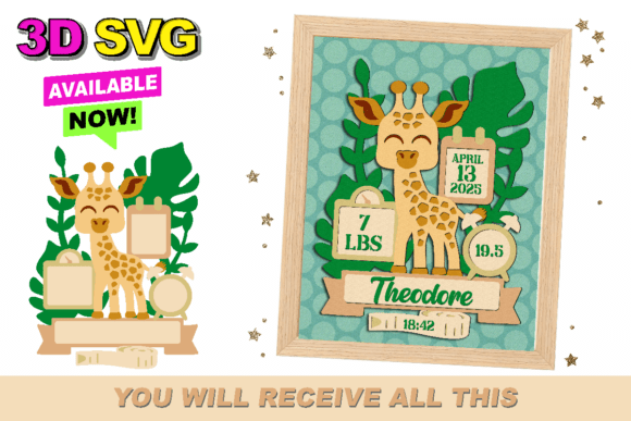 Giraffe Birth Stats Announcement 3D SVG for Baby Product Creators