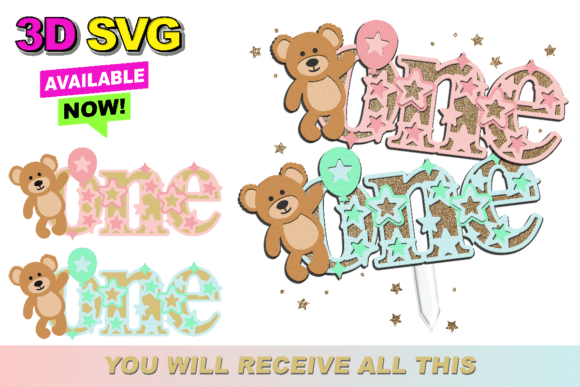 Teddy Bear One Cake Topper 3D SVG for Crafts and Graphics