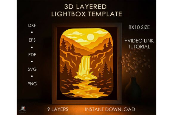 Waterfall Landmark Lightbox SVG Template: A 3D Shadow Box Design for Brand Impact